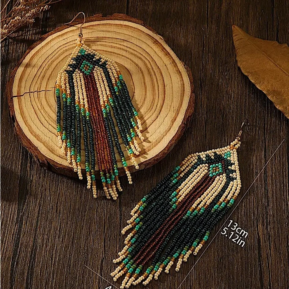 Bohemian Beaded Dangle Tassel Earrings, Tribal Design, Western, Boho, Fringe